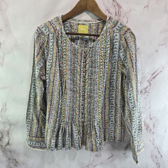Anthropologie Shirt Womens Large P Button Up Boho Floral Pleated Maeve Gelise - Picture 2 of 12
